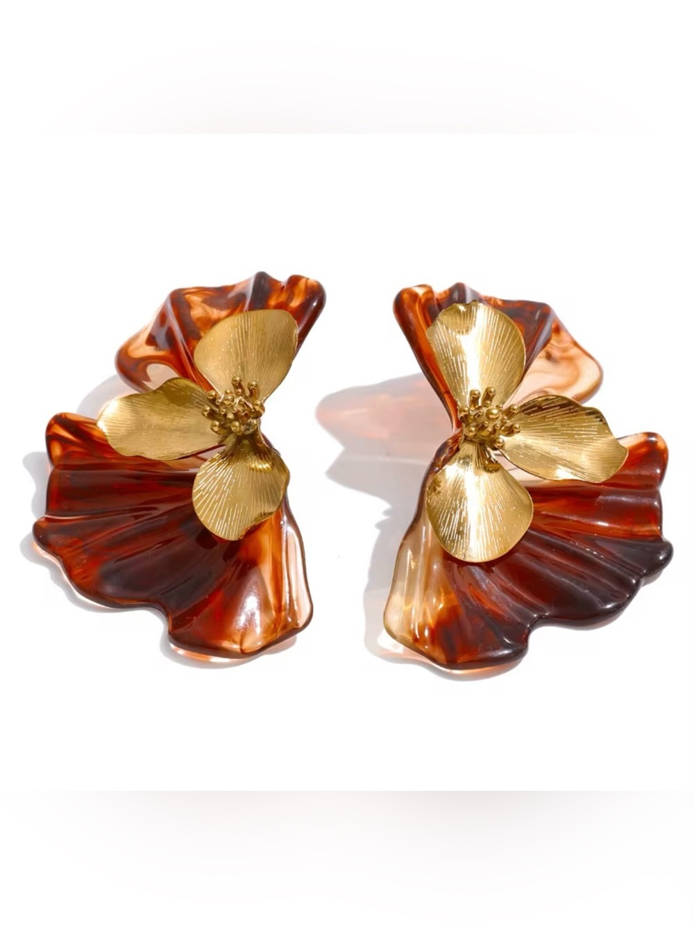 Golden Floral Statement Earrings – Tortoise Shell Resin Petals